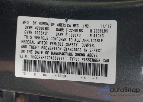 2013 Honda Accord Lx из США, поврежденный, VIN 1HGCR2F32DA062856